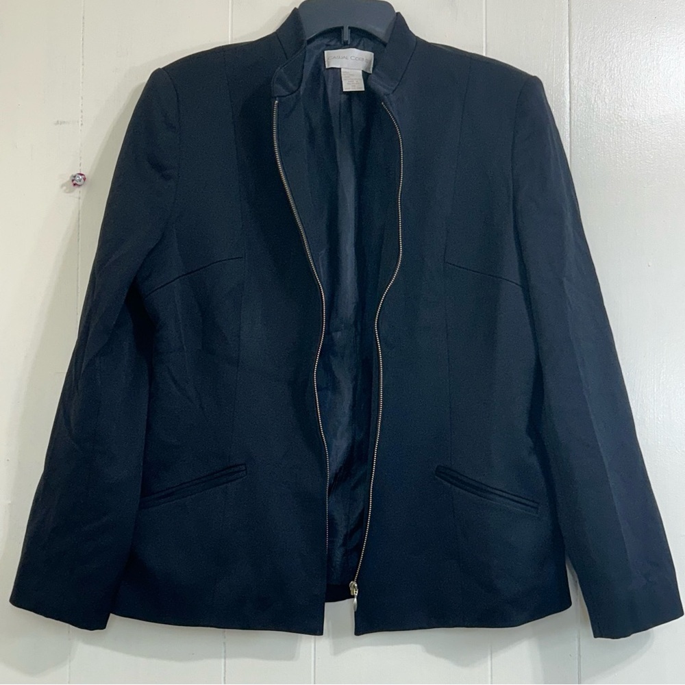 Casual Corner Black 100% Wool Blazer Zip Closure Pockets Jacket Blazer Size 16.